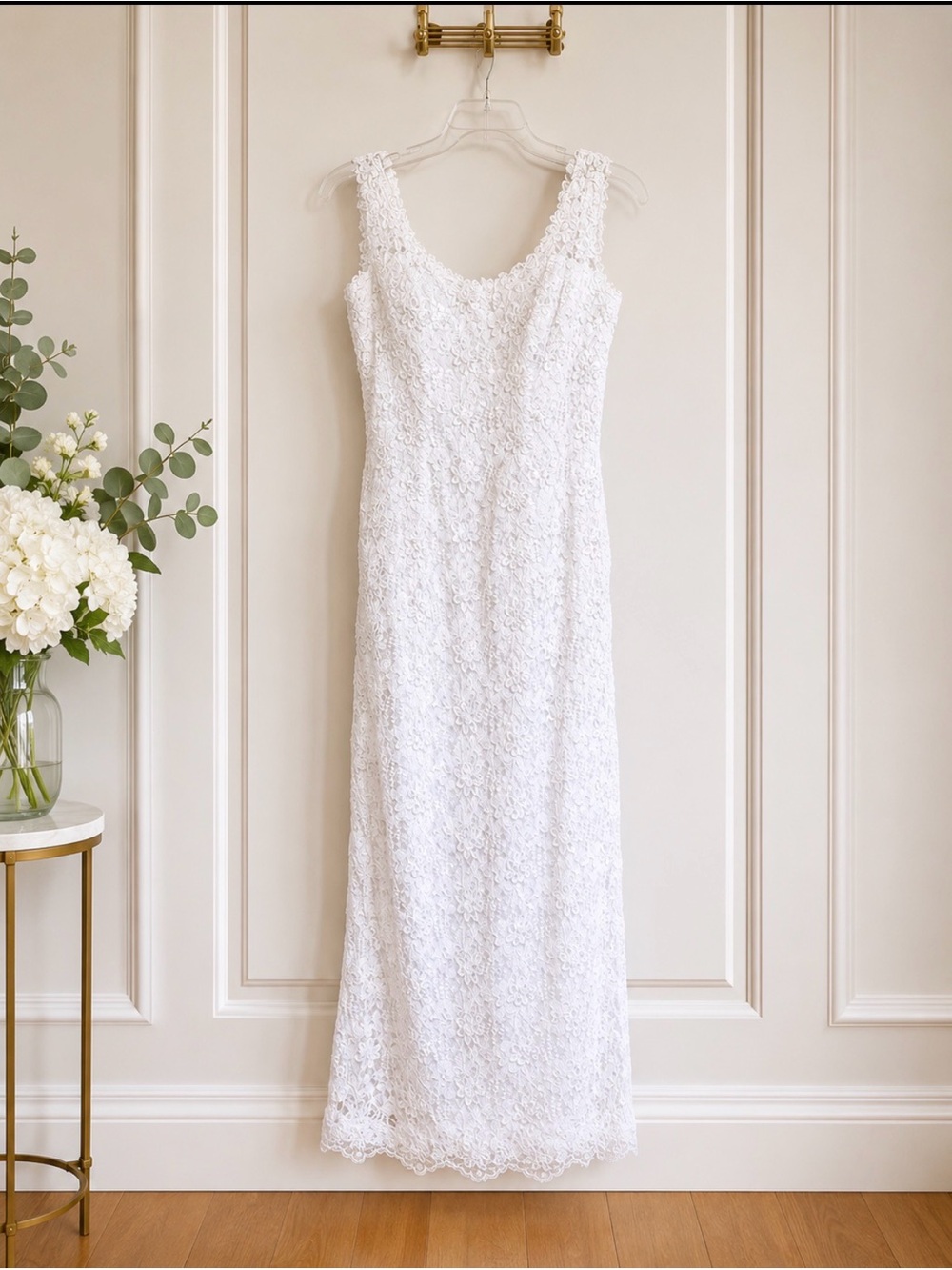 Elegant Oleg Cassini White Lace Maxi Dress or Wedding Dress, Size 8/10.